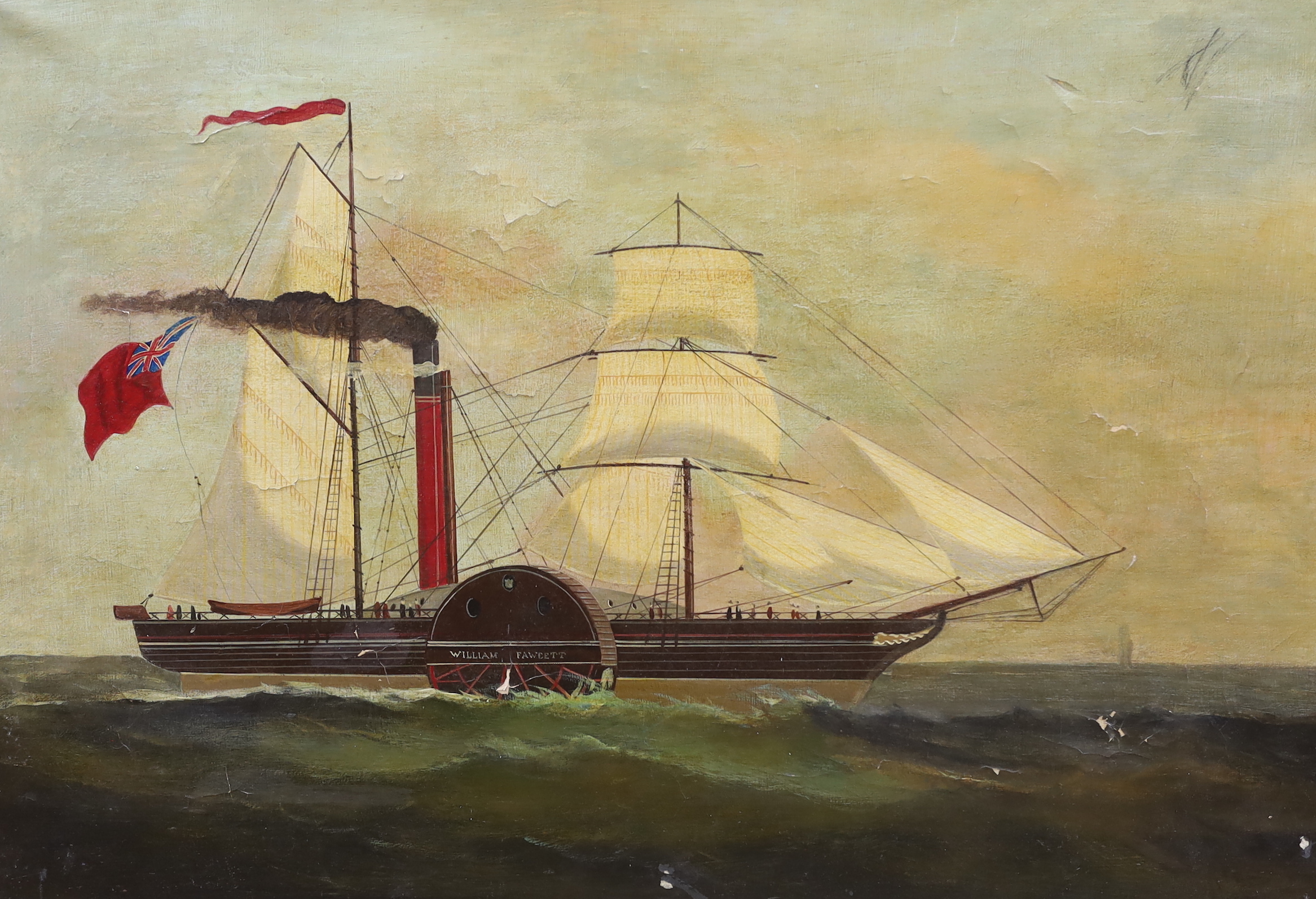 19th century English school, maritime interest oil on canvas, Paddlesteamer, William Fawcett, 46 x 67cm, unframed